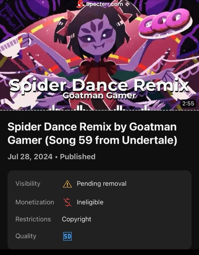 An undertale remix on YouTube taken down by Materia Music